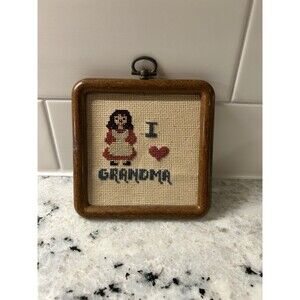 Vintage Needlepoint Tapestry I Love Grandma Cottage Core 4”x4” Ornament Brown